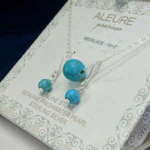 Aleure St Silver Howlite Chryscolla  turqouise Bead Necklace & earring set NWB